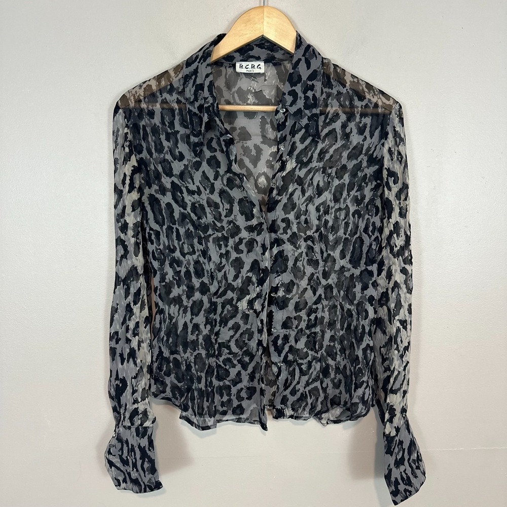 BCBG Paris Blouse Top Gray Black Leopard VTG  Sheer Button Up Shirt Womens L